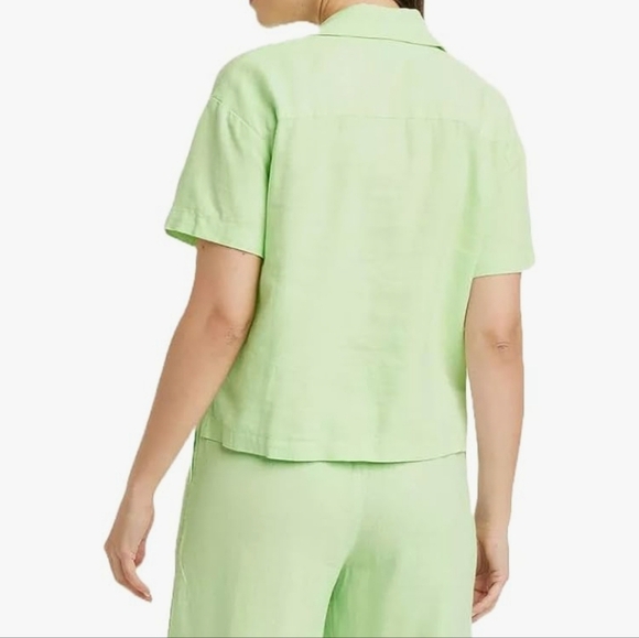A New Day Women's Linen Short Sleeve Button-Down Camp Shirt Front Pocket, Green - Picture 2 of 9